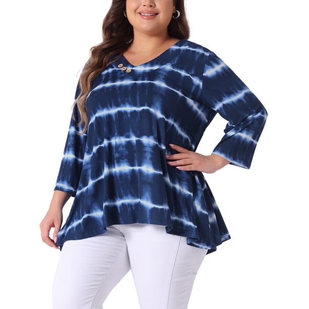 Agnes Orinda Cuello en V Tallas Grandes Ropa de Halloween para Mujeres Manga 3/4 Codo Ajuste Suelto Blusa Casual Camiseta Tie Dye Camisetas de Moda 1X Azul Blanco