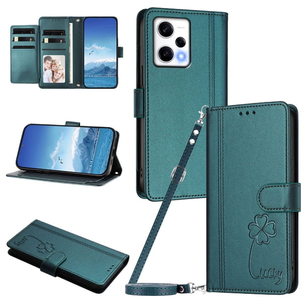 Funda Cartera Trébol para Xiaomi Redmi Note 12 Pro 5G con Ranuras Tarjetas y Carga Inalámbrica Verde oscuro