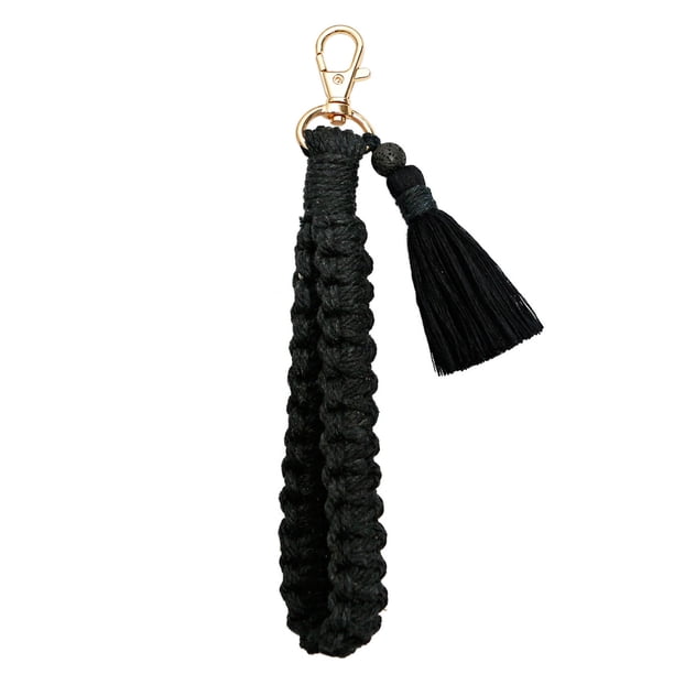 Pulsera de macramé con llavero, hecha a mano, con borla y cordón tejido para mujer
