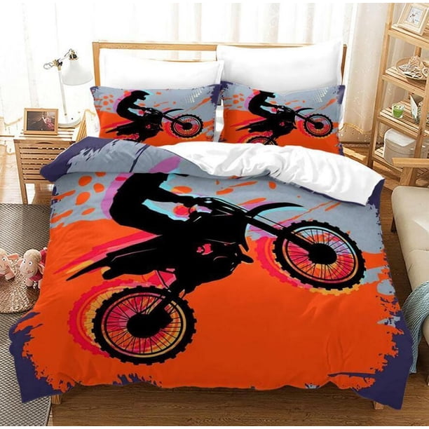 Teen Boy Motocross Motorbike Motorcyclist Quilt Duvet Cover Set Kids 3-Piece Bedding Set