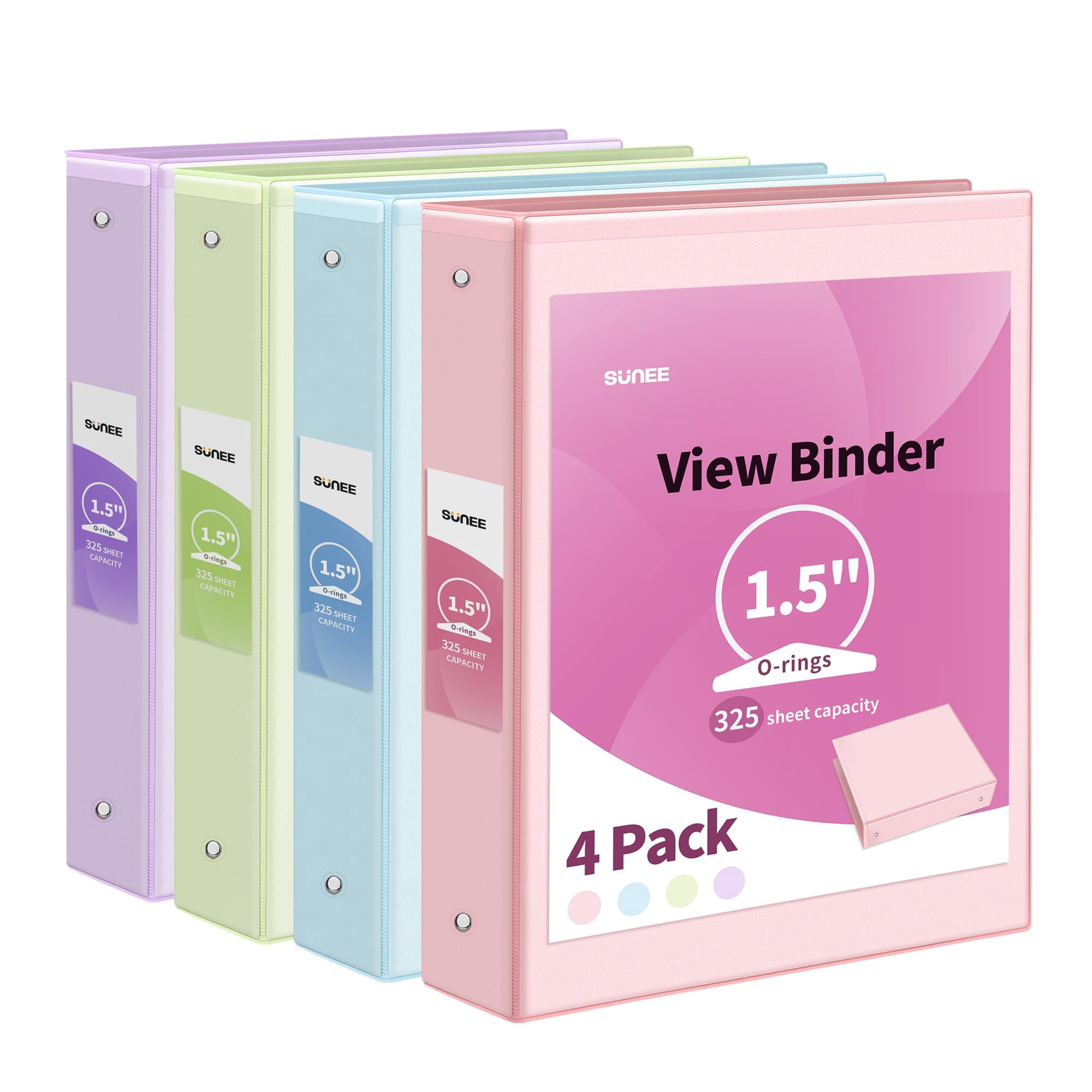 Binder Sunee, 3 Anillos De 1.5 Pulgadas, Paquete De 4 Unidades, Sin Pvc, Colores Pastel Surtidos