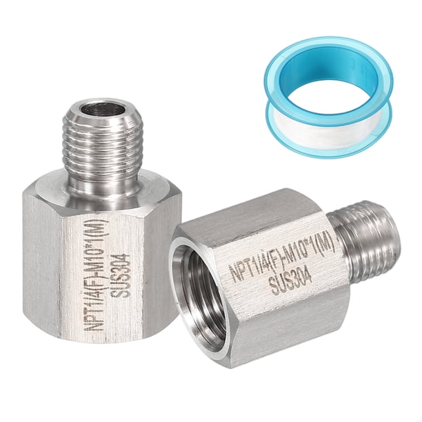 Uxcell 2Pcs 304 Acero Inoxidable Forjado Accesorio de Tubería, Adaptador de Rosca Hembra 1/4" NPT a M10x1, Adaptador de Tubería Hexagonal para Conexión de Línea de Manguera, Plata (1.06x0.75")