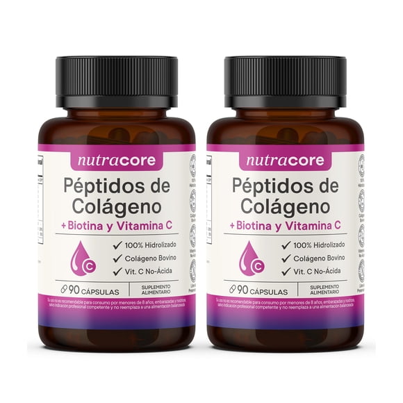 Péptidos De Colágeno Hidrolizado + Biotina y Vitamina C No-ácida - Pack 2x90 Cápsulas | NutraCore