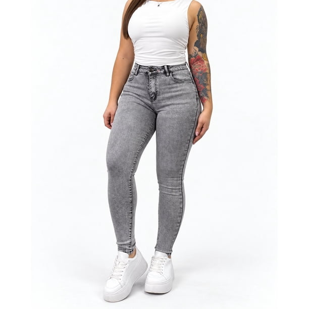 Jeans Mujer Pitillo Gris Tiro Medio Pretina Normal