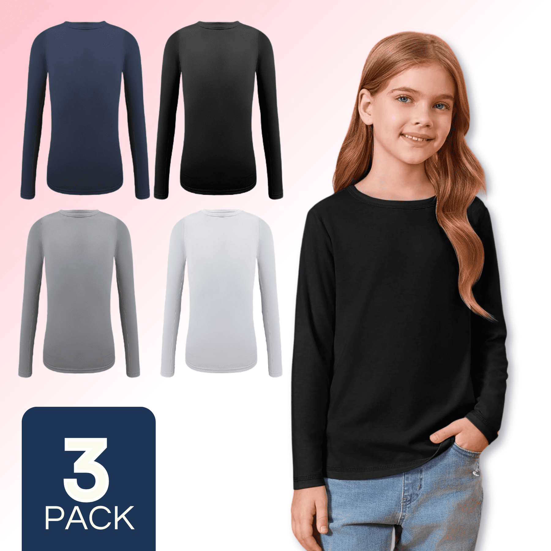 Mas Clothing - Pack 3 Camiseta Polar Manga Larga Primera Capa Niña Polera Colores Surtidos