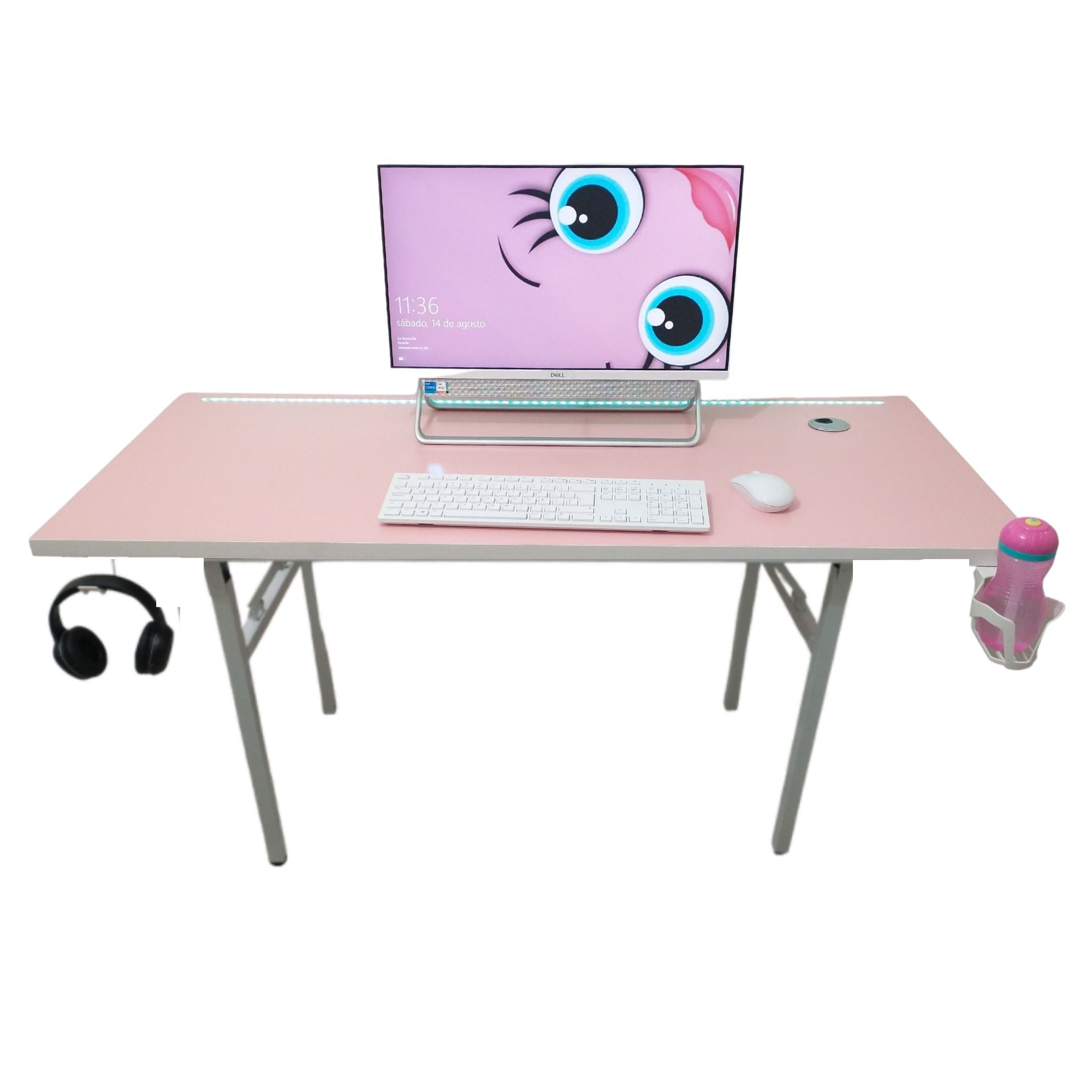 Velazio - Escritorio Gamer Plegable 130 Cm Rosado Luz Led