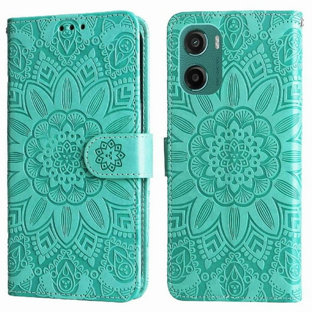 Funda tipo cartera FOXDOCK para Motorola Moto E15 , diseño girasol en relieve, cuero PU, cierre magnético, soporte y tarjetero