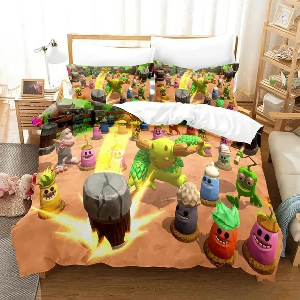 x886 Bed SheetsGame My Singing Monsters Bedding Set Twin Full Size Bed Set Adult Boys Bedroom Duvet cover Sets Home Textiles 3-Piece Bedding Set (1 Duvet Cover + 2 Pillow Shams) nj886