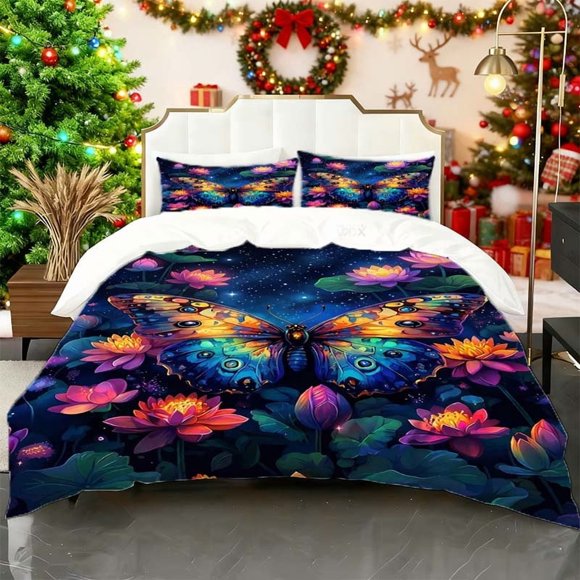 Butterfly for Lotus Illustration Printed Duvet Cover Set Includes a Soft Duvet Cover and 2 Pillowcases Suitable for All Seasons an Ideal Choice for Home Bedroom