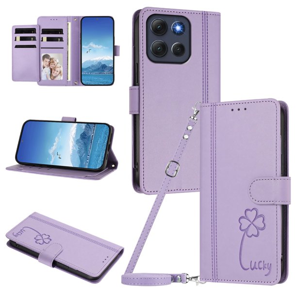 Funda Cartera Trébol para Motorola Moto G86 con Ranuras Tarjetas y Carga Inalámbrica Morado claro