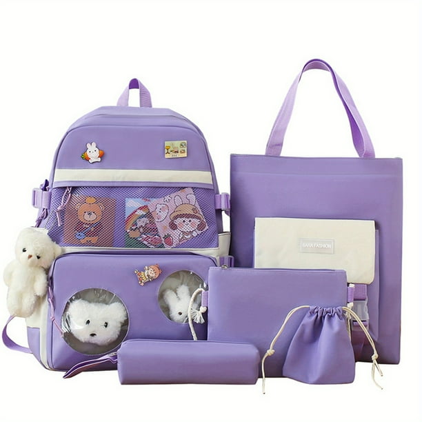 5pcs Backpack Crossbody Bag Handbag Drawstring Bag And Pen Bag Set, Ultralight Burden Reduction Schoolbag Set, Cute Bear Pendant Backpack, Women's Men's Backpack, Preppy Large-capacity Travel Bag