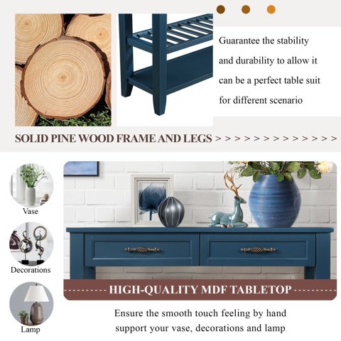 M&Ms - Console Sofa Table With 2 Storage Drawers And 2 Tiers Shelves, Mid-Century Style 42'' Solid Wood Buffet Sideboard For Living Room Furniture Kitchen Dining Room Entryway Hallway,Navy Blue