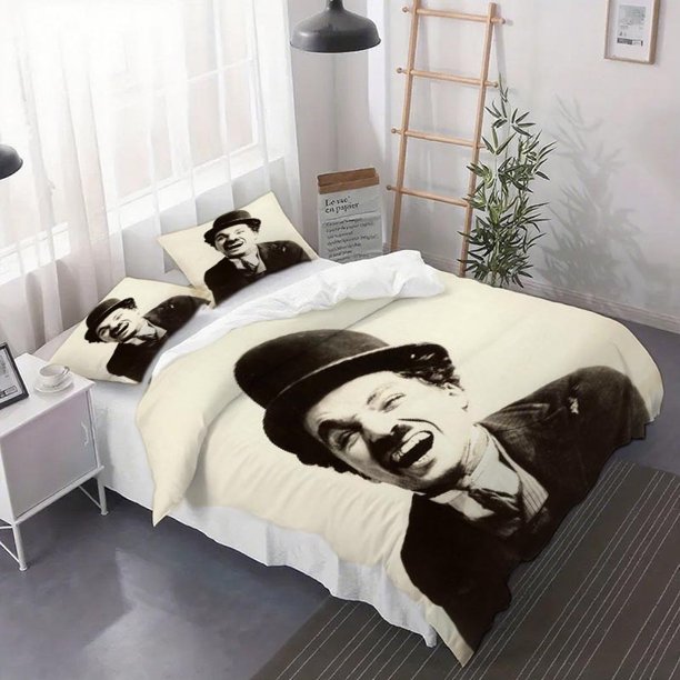 3pcs Charlie Chaplin Classic Bowler Hat Laughing Expression Black And White Photo Duvet Cover Set - Bed Set with Printed Pattern Includes Sheets And Pillowcases - Suitable for Bedroom
