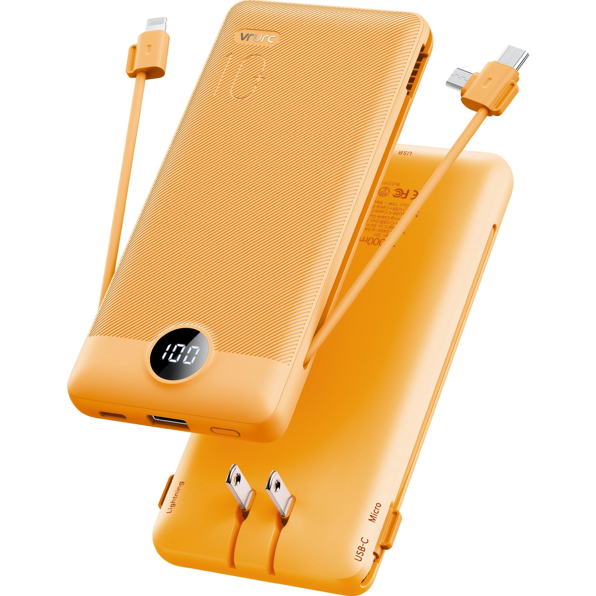 Cargador Portátil Vrurc De 10000 Mah Con Cables Y Enchufe Integrados