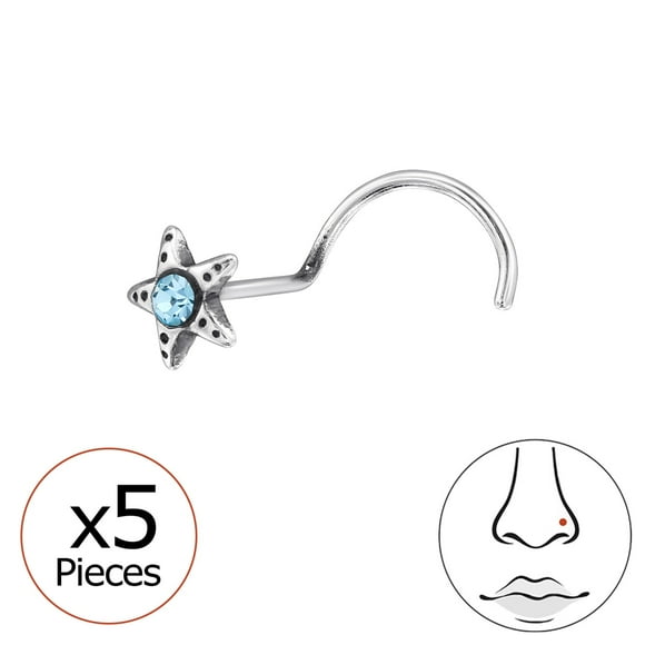Piercing Plata 925 Con Forma De Estrella De Mar, Rosca Y Cristal Celeste