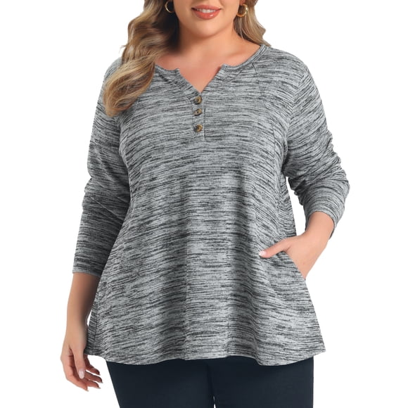 GRACIA Y GRANDEZA Blusas Casuales Sueltas de Manga Larga con Cuello en V, Bolsillo y Botones para Mujer de Talla Grande 2X Gris