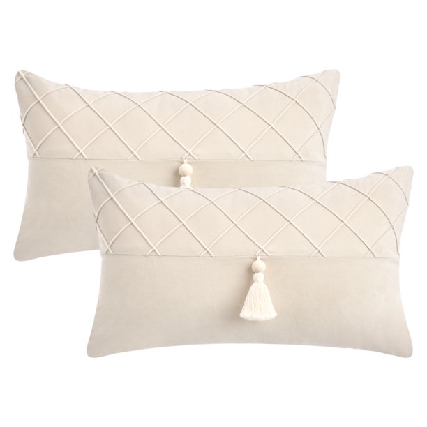 REGALWOVEN Juego de 2 Fundas de Almohada Decorativas con Patrón de Diamante y Borlas Boho para Decoración de Hogar Estilo Rústico Blanco 20" x 12"