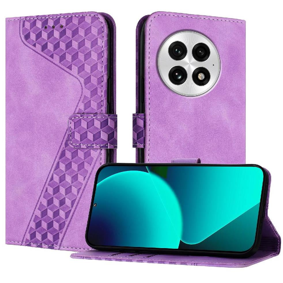 Foxdock - Funda Tipo Cartera Para Oneplus 13 Con Tarjetero, Bolsillo Para Billetes, Soporte, Cierre Magnético Y Correa Para La Muñeca, Funda Tipo Folio Con Textura Geométrica Morado