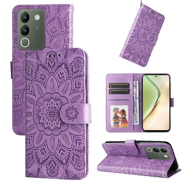 Funda tipo cartera FOXDOCK para Vivo Y200 5G , diseño girasol en relieve, cuero PU, cierre magnético, soporte y tarjetero