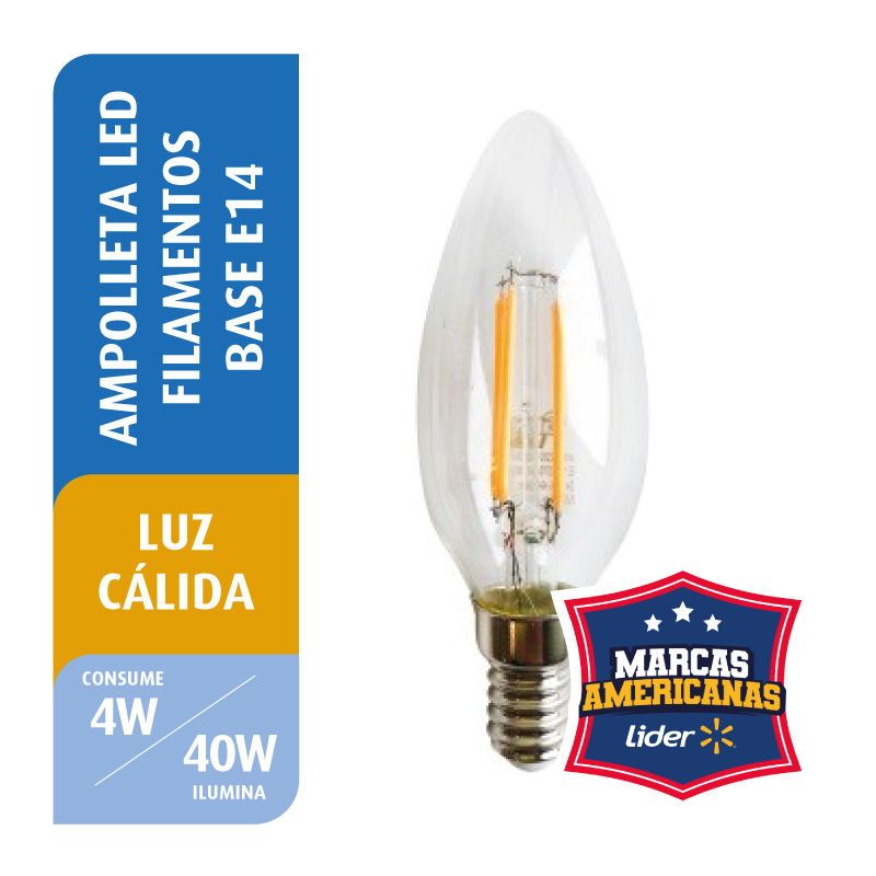 Ampolleta Led Filamento Vela 4w Luz Cálida Base E14 1 Un Great Value