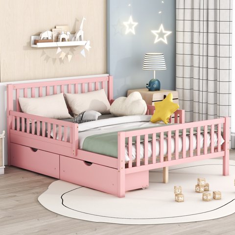 M&Ms - Full Size Wood Platform Bed With Guardrails On Both Sides And Two Storage Drawers ,Pink