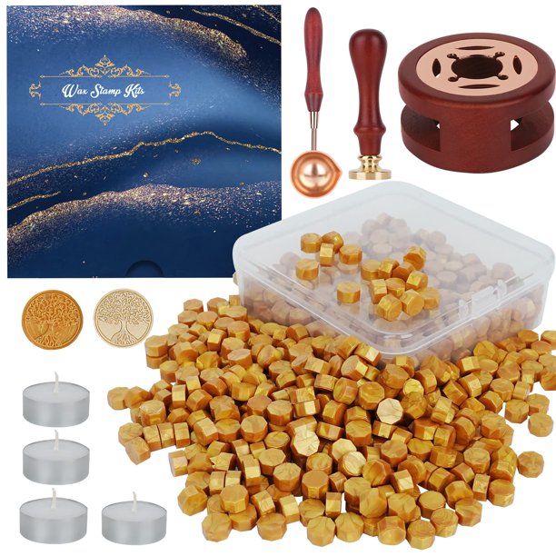 Kit de sellos de cera Yagugu 357 piezas con perlas doradas, sello y calentador de madera