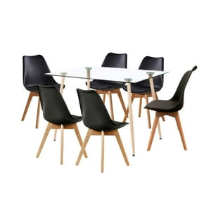 Klik Muebles - Comedor Mesa De Vidrio Rectangular 120X80 + 6 Sillas Tulip Negras