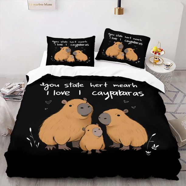 A Soft Microfiber Bedding Featuring a Charming Capybara Family Design on a Black Background with the Phrase "I Love Capybaras." Includes One Duvet Cover and Two
