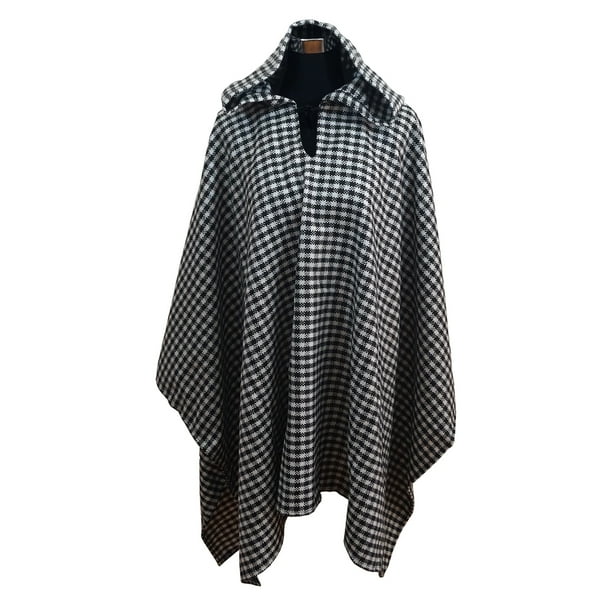 Poncho Capucha 100% Lana - Largo - Negro Blanco