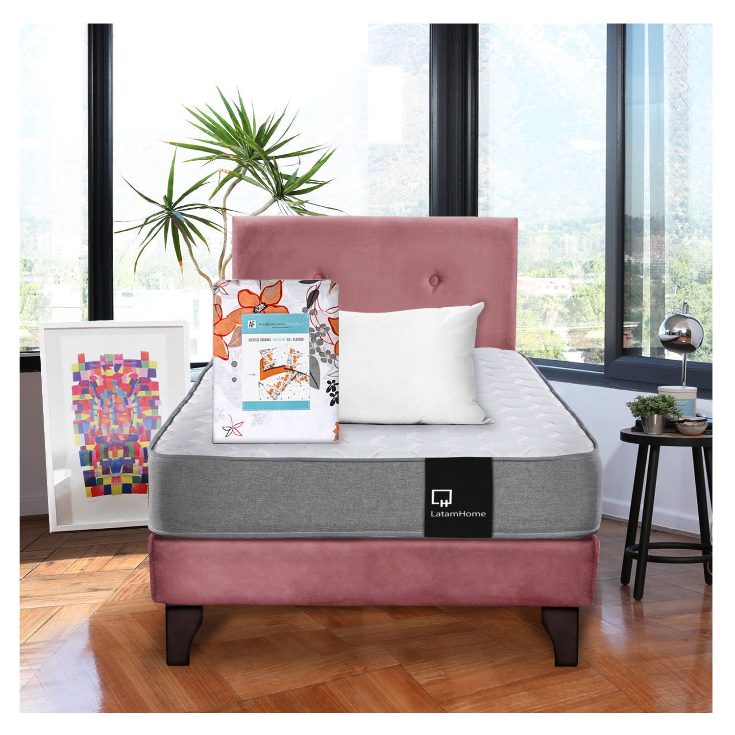 Latam Home - Combo Cama Best 1 Plaza Colchon Resortes 190 Cm + Sabana Cannon + Almohada + Respaldo Tela Palo Rosa