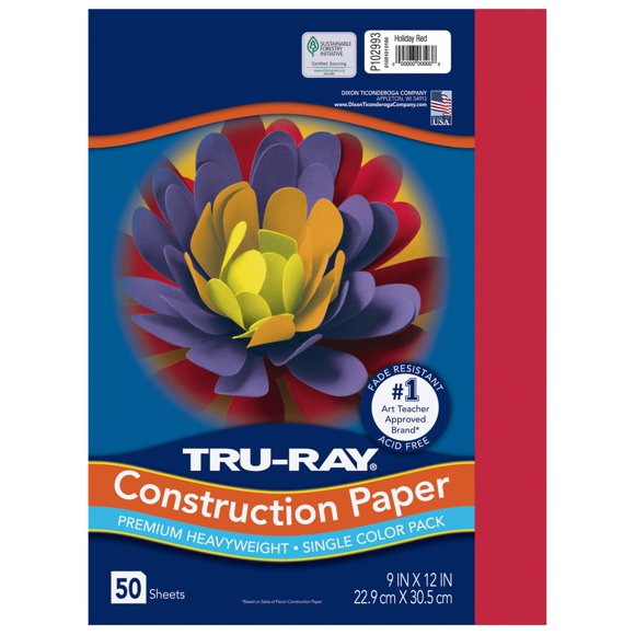 Papel de Construcción de Alta Gramaje Tru-Ray, Rojo Festivo, 9" x 12", 50 Hojas