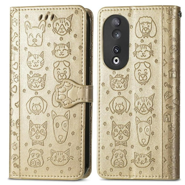 Funda Cartera FOXDOCK para Honor 90 5G , Flip PU con Relieve de Gatos y Perros, Tarjetero y Soporte