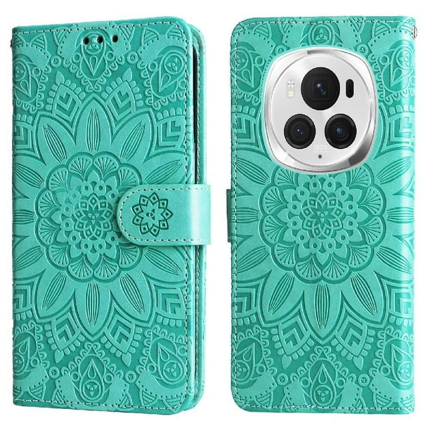 Funda tipo cartera FOXDOCK para Honor Magic 6 Pro , diseño girasol en relieve, cuero PU, cierre magnético, soporte y tarjetero