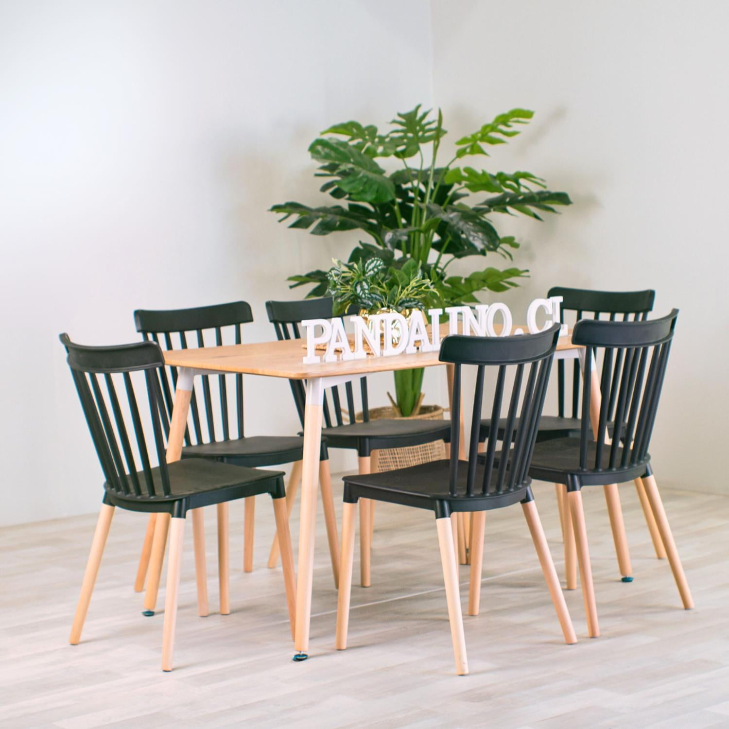 Pandalino - Comedor Mesa Álamo + 6 Sillas Windsor Negras | Estilo Nórdico Negro