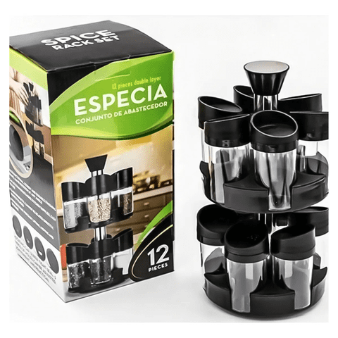 Genérico - Especiero Giratorio 2 Niveles + Set 12 Piezas Condimenteros Negro
