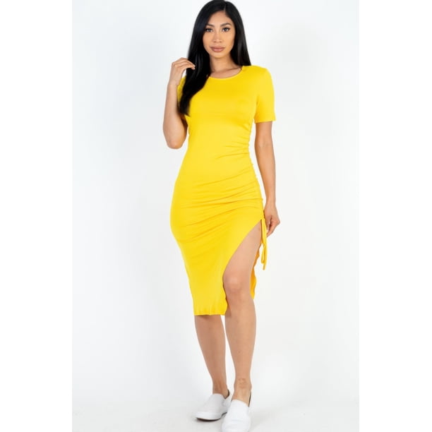 Vestido Midi Con Dobladillo Dividido Y Fruncido Lateral Con Cordón