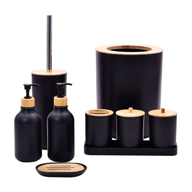 Set de accesorios de baño, dispensador de jabón líquido, jabonera, cepillo de baño, taza para cepillo de dientes, juego de accesorios de baño para toc Negro