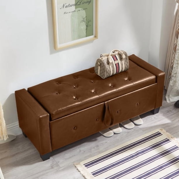 Banco otomano de 48" con almacenamiento, banco para dormitorio, sala de estar, pasillo, tapizado de cuero artificial de la PU otomano