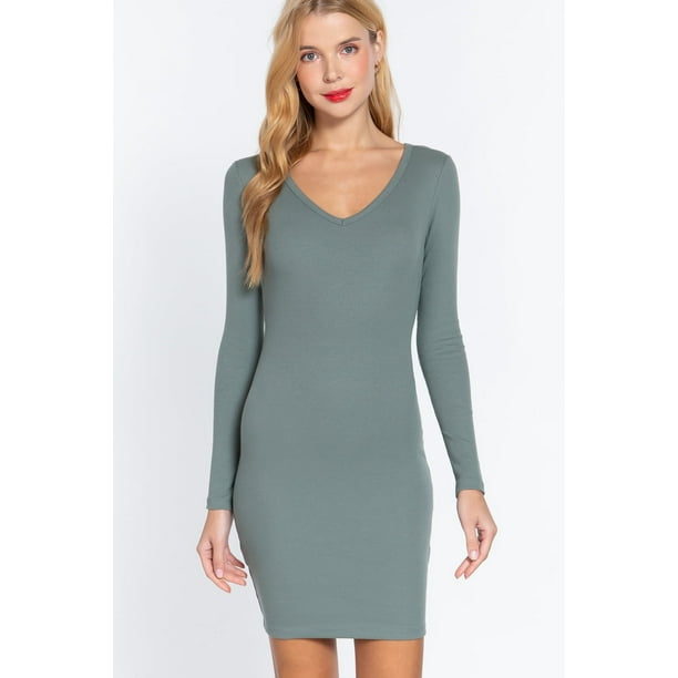 Vestido Mini De Canalé Con Escote En V Y Manga Larga