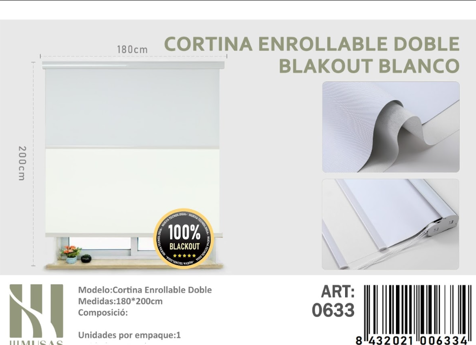 Mundo Shopping - Cortina Enrollable Doble Blakout Blanco Lisa 180X200Cm Iii Musas