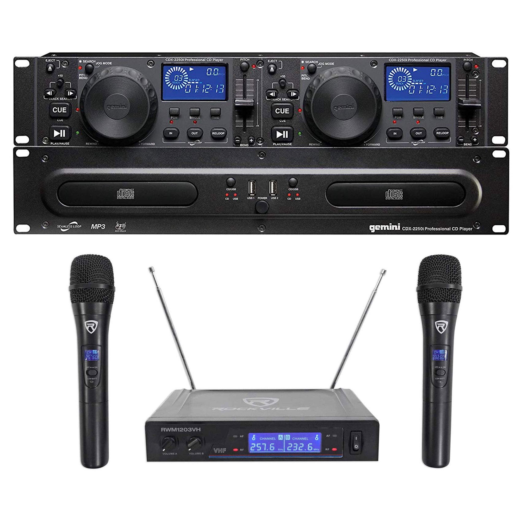 Philips - Reproductor Multimedia De Cd/mp3 Gemini Cdx-2250i Pro Dj Dual Para Montaje En Rack Con Paquete Usb Con Sistema De Micrófono Inalámbrico De Mano Dual Rockvilie Rwm1203vh Y Pantalla Digital