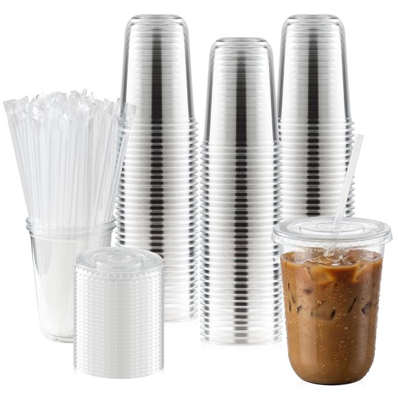 Vasos de plástico OBNIESEA 473 ml con tapas y pajillas, paquete de 100 unidades