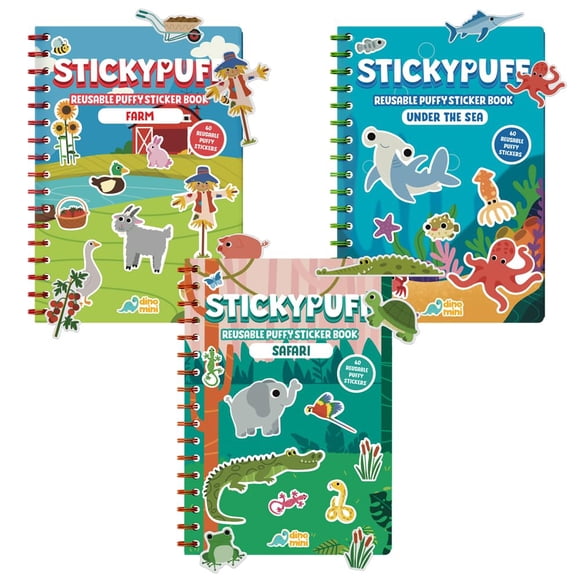 Libro de pegatinas Puffy DINO MINI Stickypuff, paquete económico con 60 pegatinas