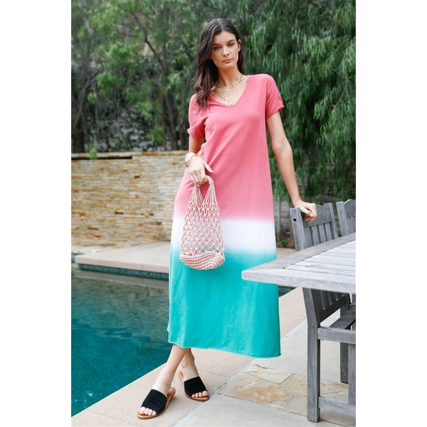 Vestido Largo con Cuello en V y Efecto Tie-dye de Algodón Multicolor Ladrillo