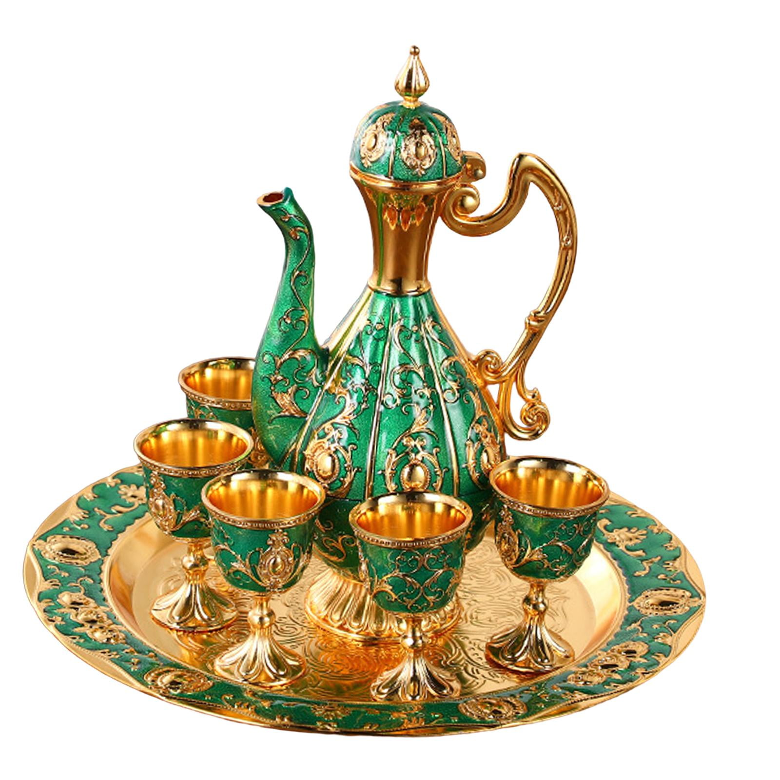 Magideal - Juego De Cafetera De Estilo Vintage Con Taza De Té, Juego De Tetera, Bandeja De Almacenamiento, Vasos Para Mesa, Café, Decoración De Armario Para El H , Aureato Y Verde