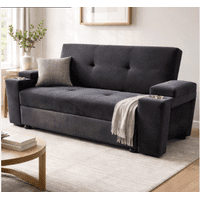 Camila Home - Sofá Cama 3 Cuerpos Felpa Negra 185 Cm Con Baúl Y Puffs