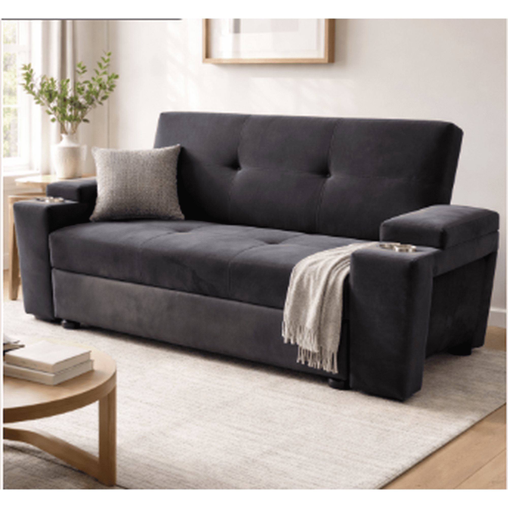 Camila Home - Sofá Cama 3 Cuerpos Felpa Negra 185 Cm Con Baúl Y Puffs