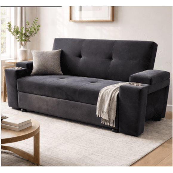 Sofá Cama 3 Cuerpos Felpa Negra 185 cm con Baúl y Puffs