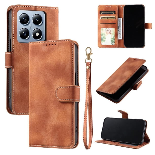 Funda Cartera para Xiaomi 14T Tapa con Ranuras, Soporte y Correa Marrón