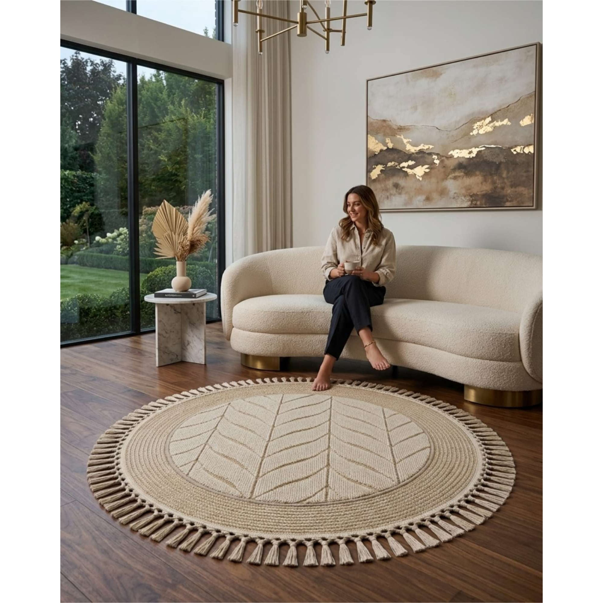 Mylhogar - Alfombra De Sisal Redonda 100cm Diseño Con Relieve Nordico